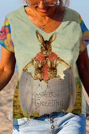 Easter Greeting The Three Rabbits Living In The Egg House V Neck T-shirt