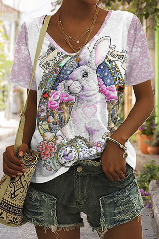 Egg Glitter Rabbit White Rabbit Printed V Neck T-shirt