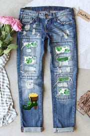 Elf Green High Heels Filled With Gold Coins Ripped Denim Jeans