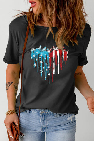 Flag Heart Shape Star Birds Print T-Shirt