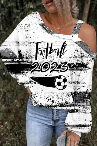 Football 2023 Black & White Ink Print Off-Shoulder Blouse
