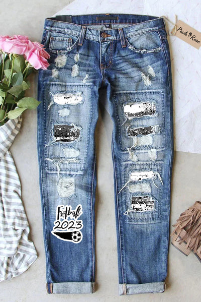 Football 2023 Black & White Ink Print Ripped Denim Jeans