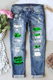 Fresh Prince Of Mullingar Lucky Clover Spot Full Print Ripped Denim Jeans