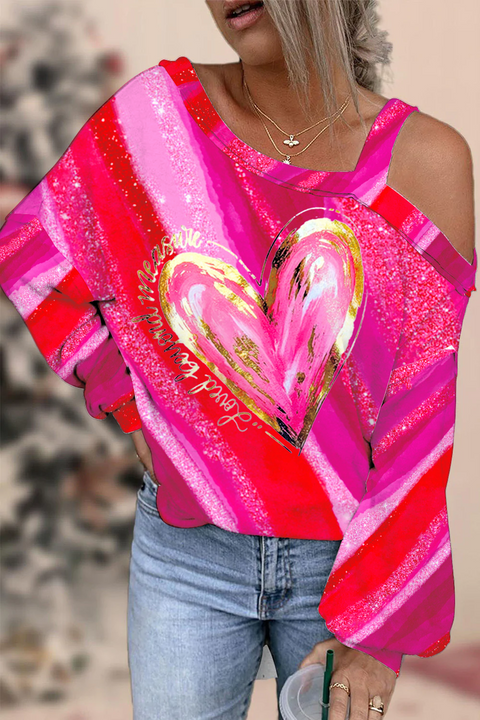 Gold Flash Irregular Pink Striped Sequin Heart Off-shoulder Blouse