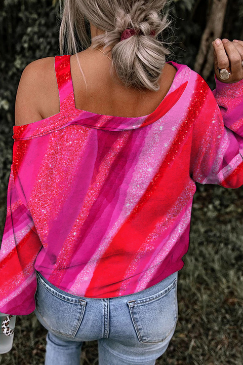 Gold Flash Irregular Pink Striped Sequin Heart Off-shoulder Blouse