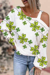 Green Lucky Clover Full Print Off-Shoulder Blouse