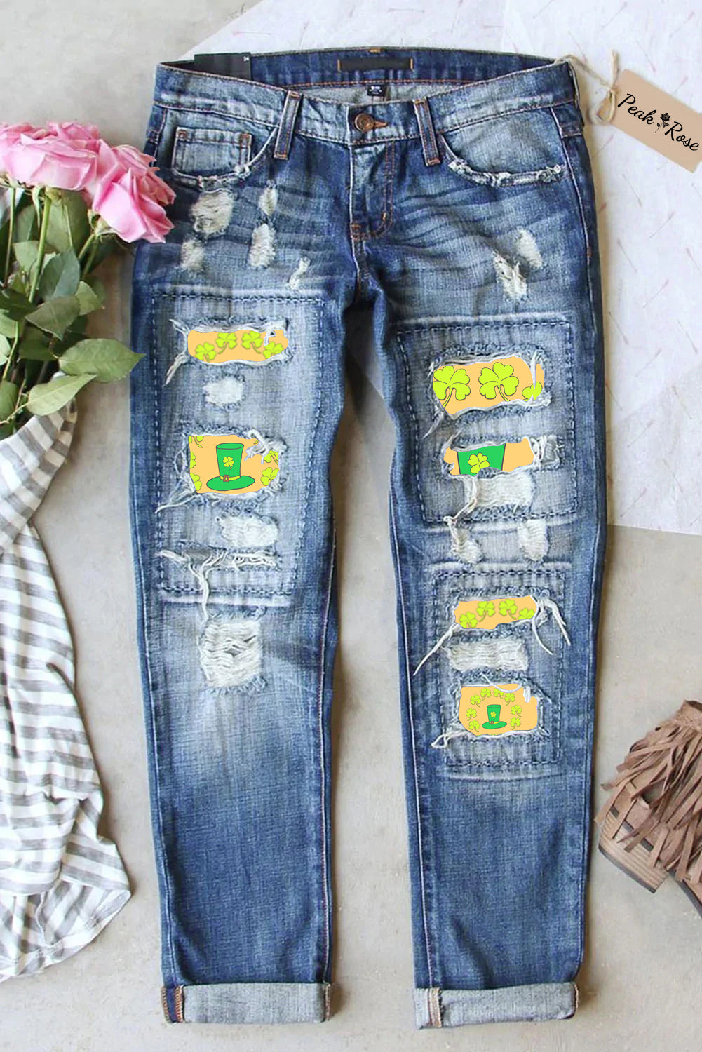 Green Hat Clover Cute Hand-Painted Print Ripped Denim Jeans