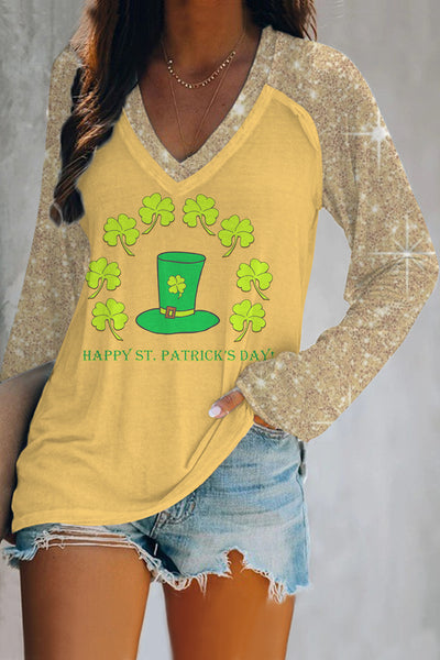 Green Hat Clover Cute Hand-Painted Print Yellow V-Neck Long Sleeve Tee