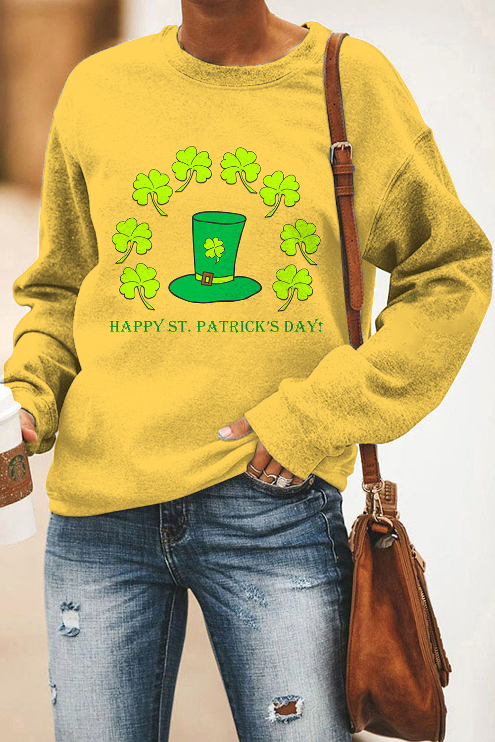 Green Hat Clover Cute Hand-Painted Print Yellow Sweatshirt