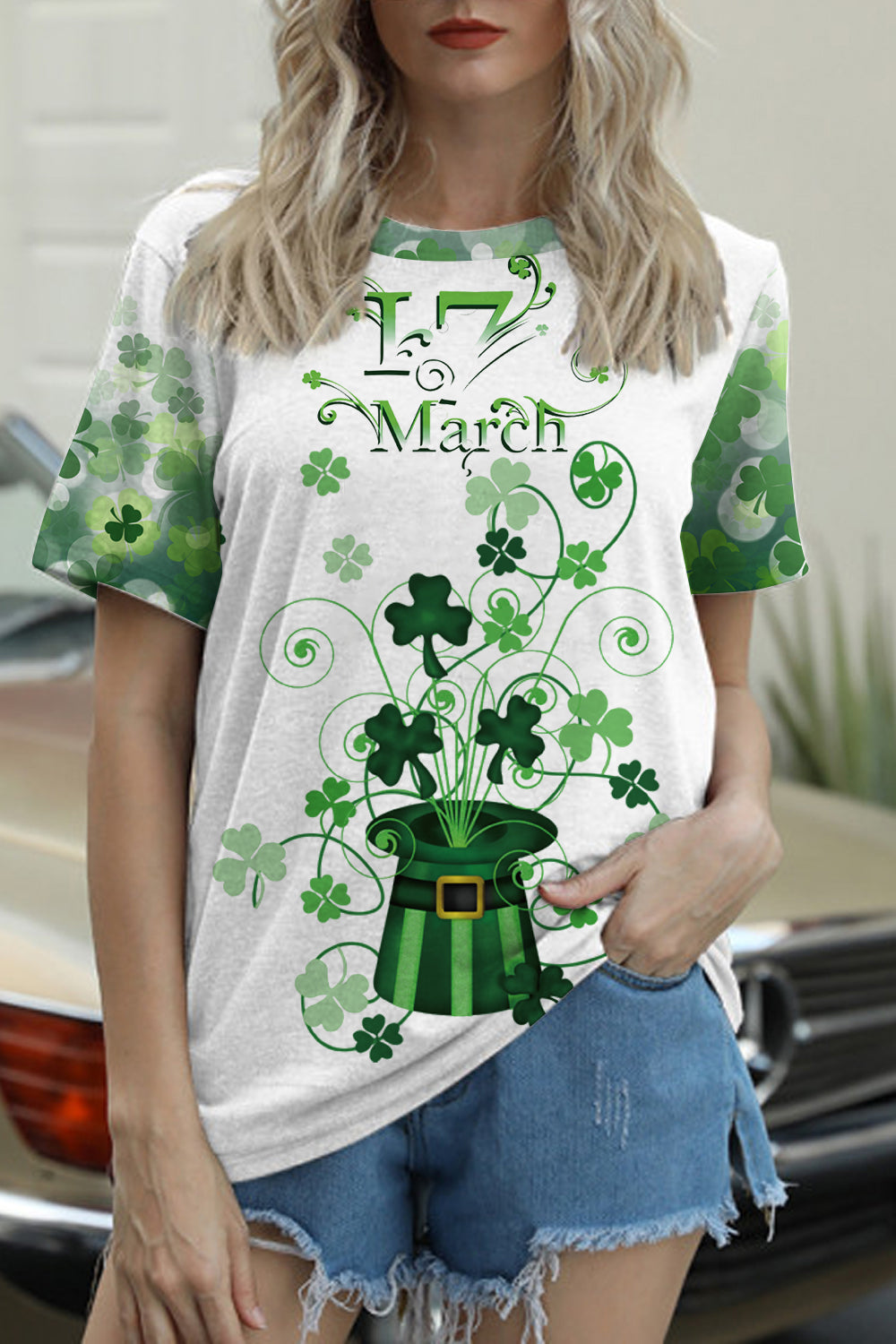 Green Hat Magic Clover Print Short-Sleeved T-Shirt