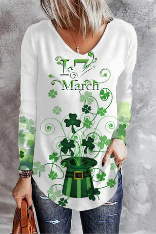 Green Hat Magic Clover Print V Neck Long Sleeve T-Shirt