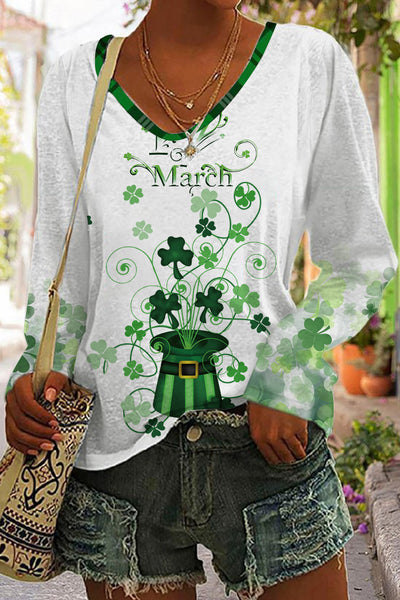Green Hat Magic Clover Print V Neck Sweatshirt