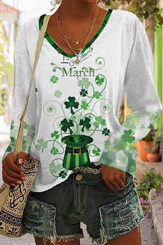 Green Hat Magic Clover Print V Neck Sweatshirt