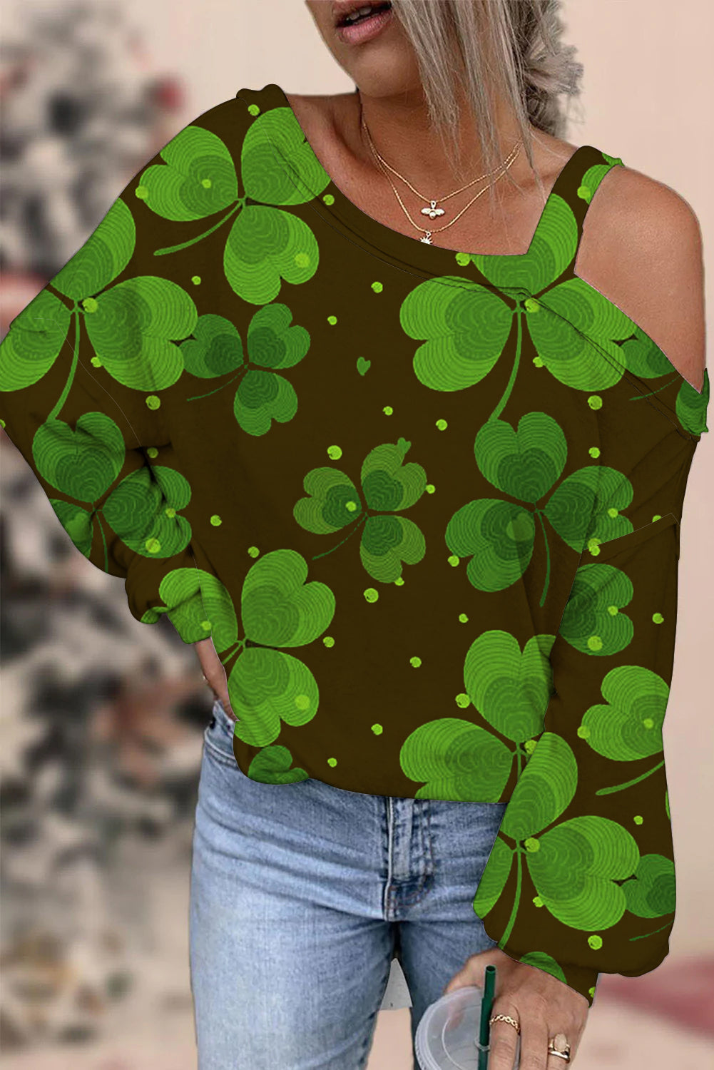 Green Retro Dark Pattern Clover Full Print On Black Background Off-Shoulder Blouse
