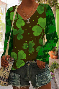 Green Retro Dark Pattern Clover Full Print On Black Background V Neck Sweatshirt