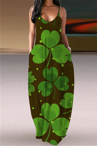 Green Retro Dark Pattern Clover Full Print On Black Background Cami Maxi Dress