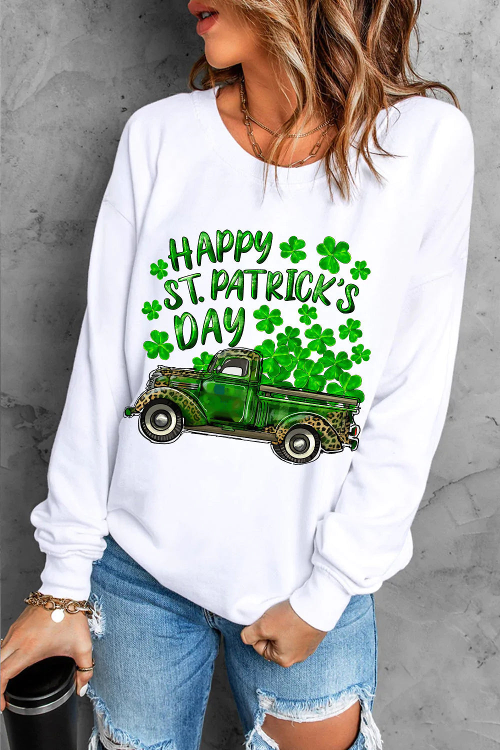 Happy St. Patrick's Day Clover Round Neck Casual Pullover Sweatshirt