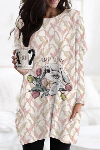 Happy Easter Cute Gray Rabbit Egg Bouquet With Water Printed Leaves Tunic with Pockets