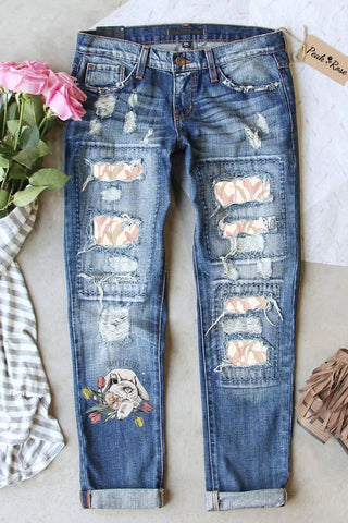 Happy Easter Cute Gray Rabbit Egg Bouquet With Water Printed Leaves Ripped Denim Jeans