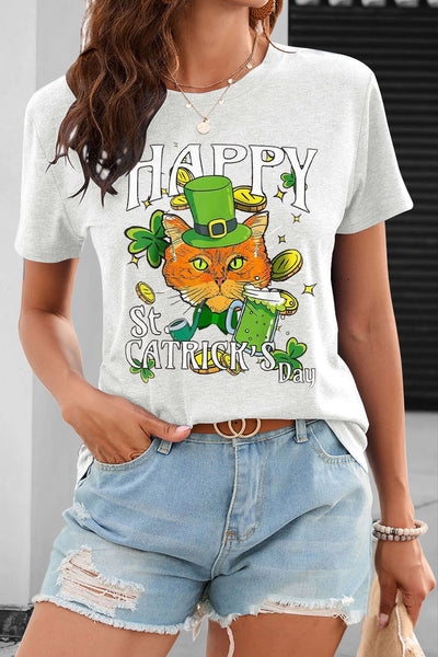 Happy St Catrick’s Day Cute Green Hat Cat Illustration Short Sleeve T-shirt