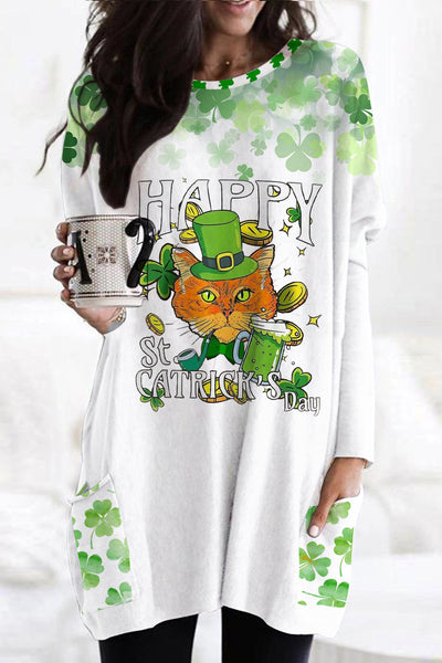 Happy St Catrick’s Day Cute Green Hat Cat Illustration Tunic with Pockets