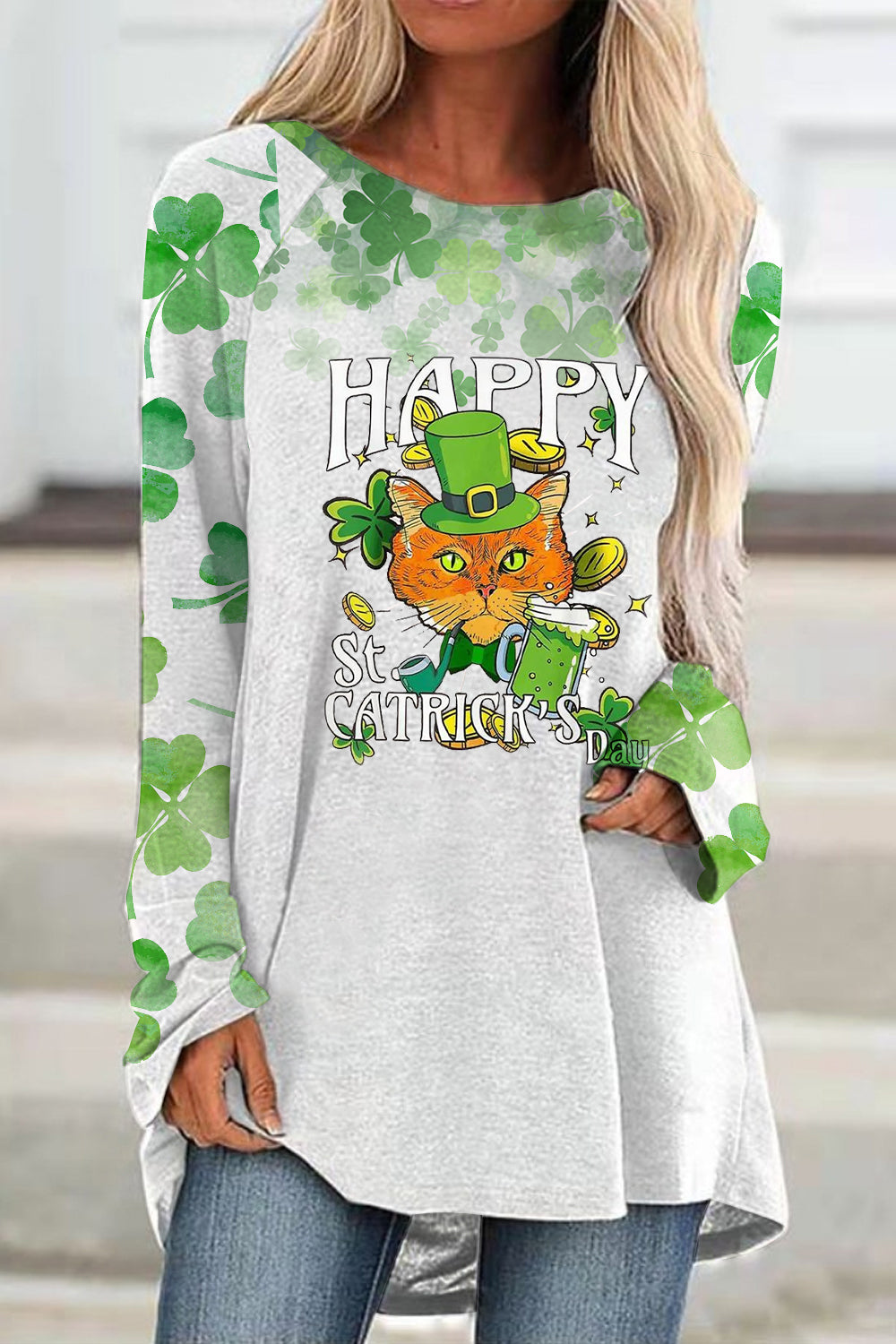 Happy St Catrick’s Day Cute Green Hat Cat Illustration Long-sleeved Loose Tunic