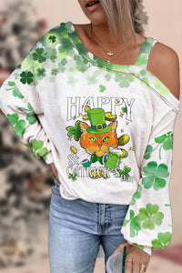 Happy St Catrick’s Day Cute Green Hat Cat Illustration Off Shoulder Blouse