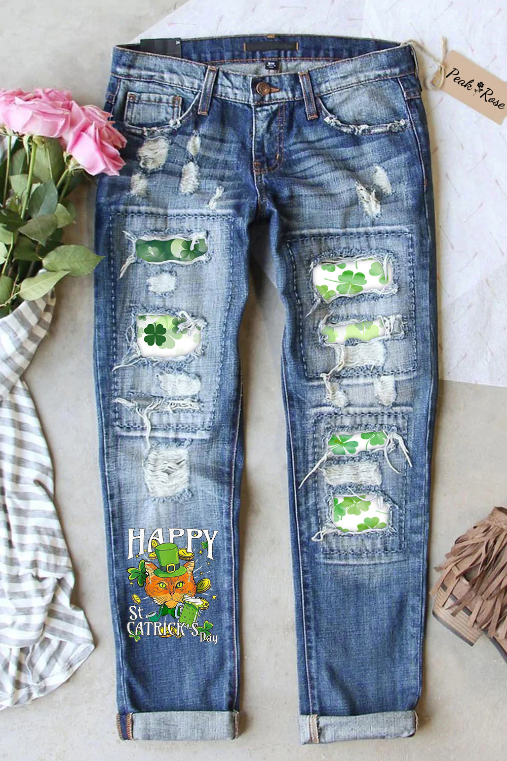Happy St Catrick’s Day Cute Green Hat Cat Illustration Ripped Denim Jeans
