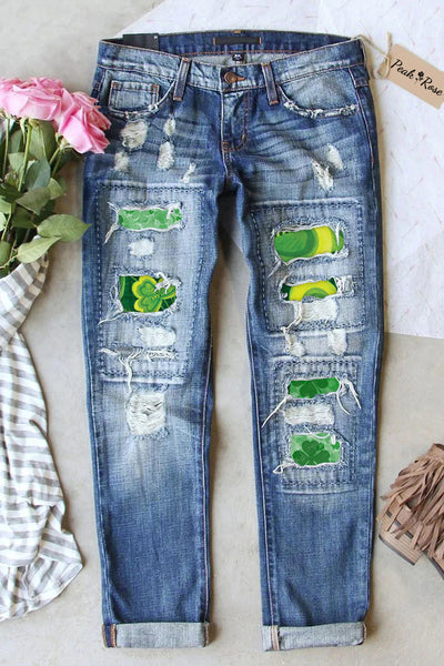 Hand-Painted Crayon Drawing Clover Print Jeans