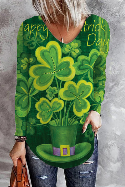 Hand-Painted Crayon Drawing Clover Print V Neck Long Sleeve T-Shirt