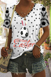 Happy Easter Soccer Eggs With Cute Bunny Ears Print V-neck T-shirt