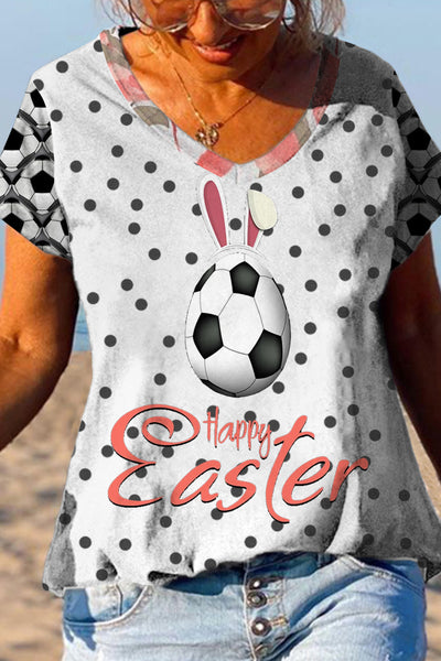 Happy Easter Soccer Eggs With Cute Bunny Ears V Neck T-shirt