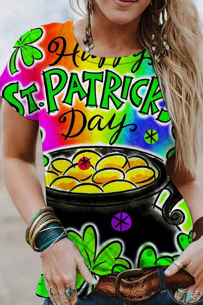 Happy St.Patrick's Day Children's Illustration Hand-Painted Printed Round Neck Short Sleeve T-shirt