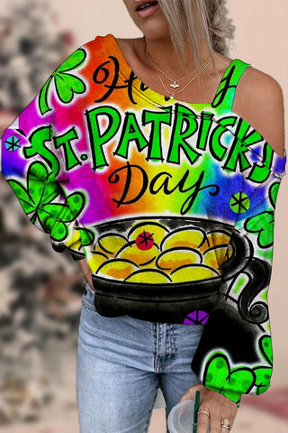 Happy St.Patrick's Day Children's Illustration Hand-Painted Printed Off Shoulder Blouse