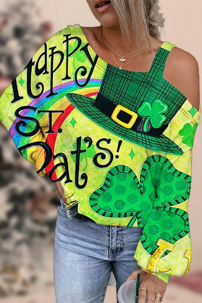 Happy St Pats! Hand-Painted Green Hat Clover Rainbow Print Strapless Off-Shoulder Long-Sleeved Blouse