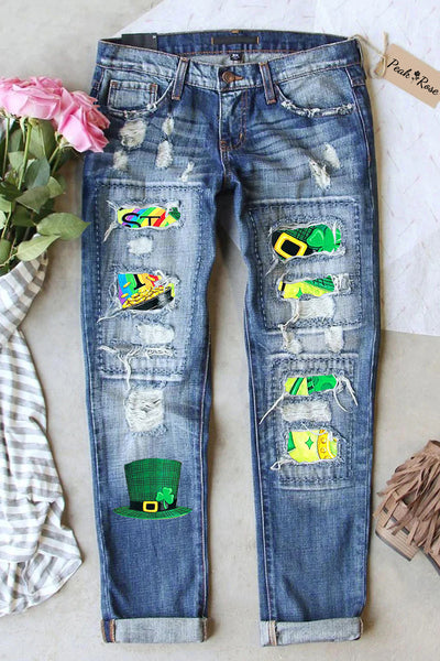 Happy St Pats! Hand-Painted Green Hat Clover Rainbow Print Jeans
