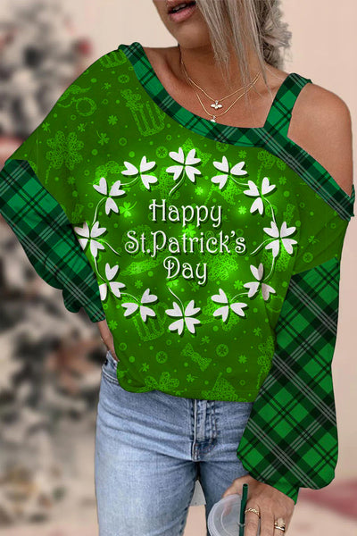 Happy St.Patrick's Day Lucky Wreath Check Panel Off-Shoulder Blouse