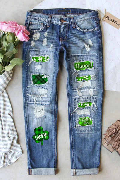 Happy St.Patrick's Day Lucky Wreath Check Panel Luck Ripped Denim Jeans