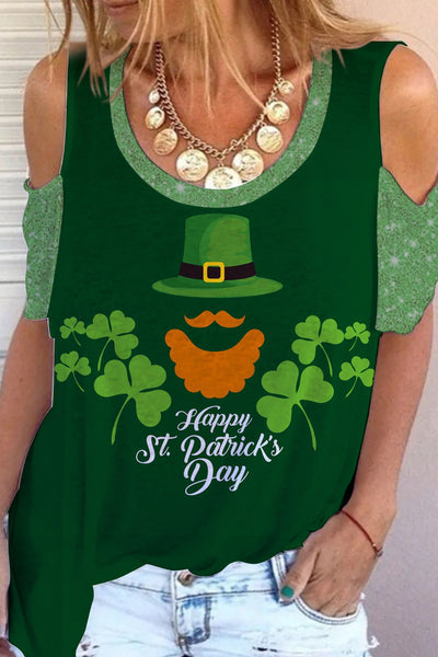 Happy St Patrick's Day Scrambled Bearded Cold Shoulder T-Shirt