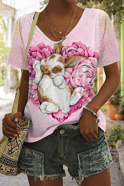 Heart-Shaped Rose Bouquet Of Bunnies Taking a Nap V Neck T-shirt