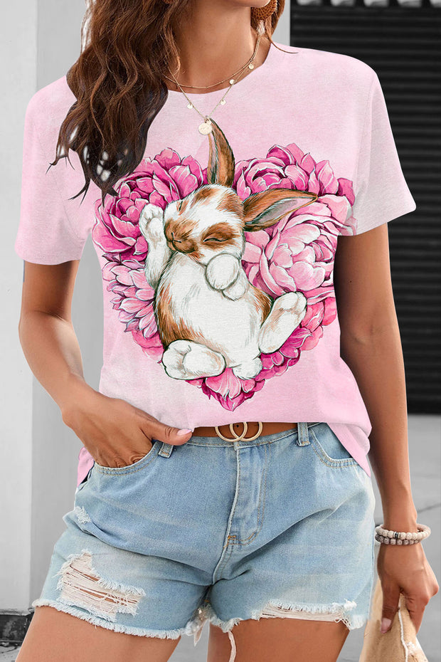 Heart-Shaped Rose Bouquet Of Bunnies Taking a Nap Round Neck T-shirt