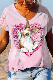 Heart-Shaped Rose Bouquet Of Bunnies Taking a Nap V Neck T-shirt