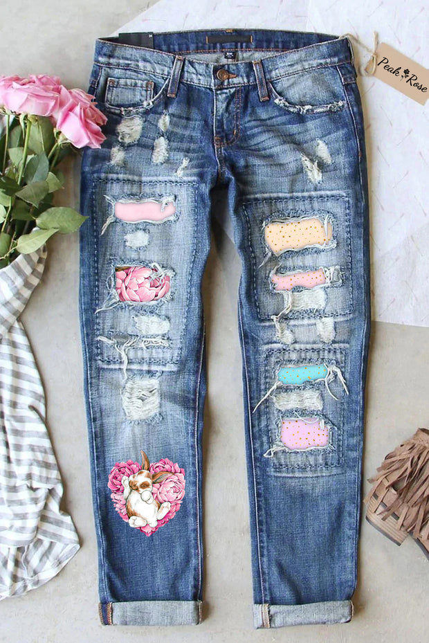 Heart-Shaped Rose Bouquet Of Bunnies Taking a Nap Ripped Denim Jeans