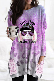 Hip Hop Ya Dont Stop Sunglasses Rabbit Gradient Leopard Print Tunic with Pockets