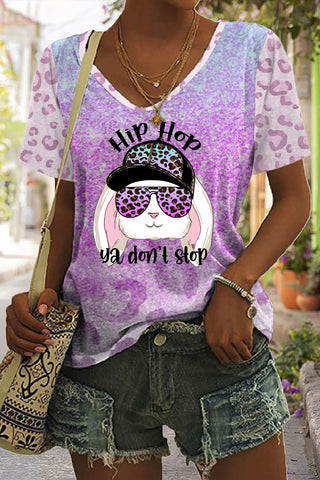 Hip Hop Ya Dont Stop Sunglasses Rabbit Gradient Leopard Print V Neck T-shirt