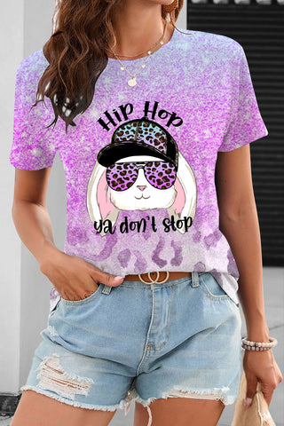 Hip Hop Ya Dont Stop Sunglasses Rabbit Gradient Leopard Print O Neck T-shirt