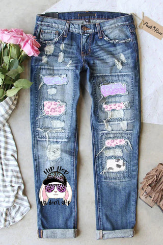 Hip Hop Ya Dont Stop Sunglasses Rabbit Gradient Leopard Print Ripped Denim Jeans