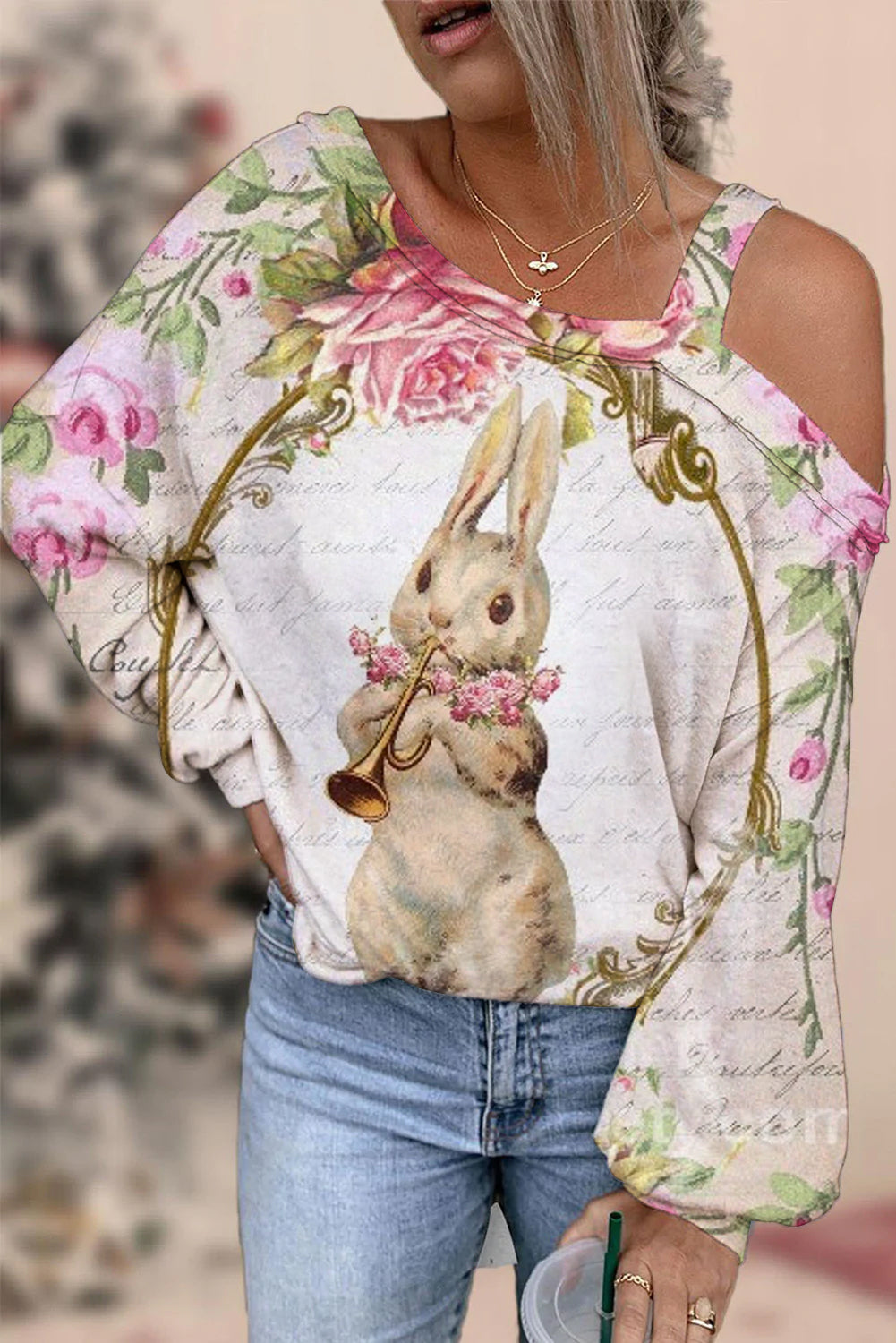 Horn Blowing Musical Instrument Bunny Off Shoulder Blouse
