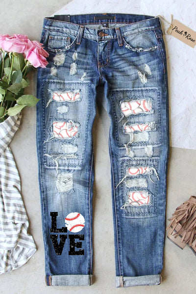 Love Baseball Printed Jeans