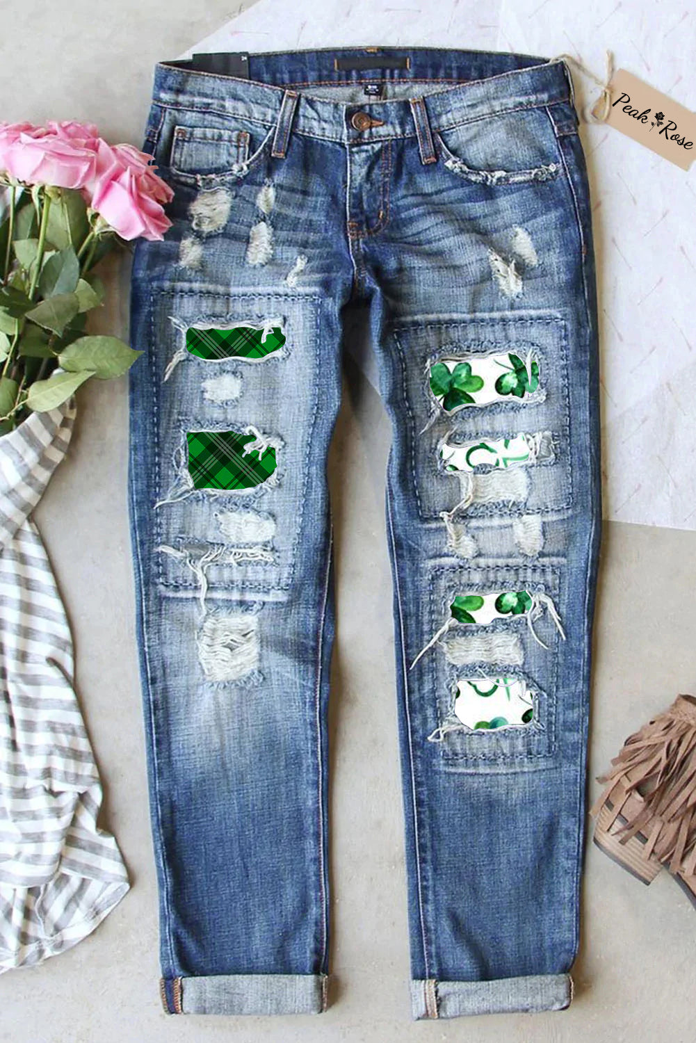 Green Ink Clover Check Print Ripped Denim Jeans